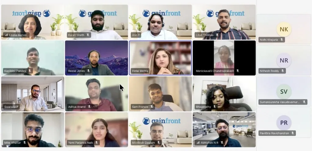 Gainfront global team during a monthly all-hands meeting